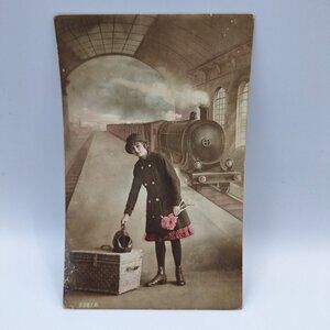 Antique Postcard Girl Suitcase Train Station 228/4 Early 1900s Sepia Tint Europe